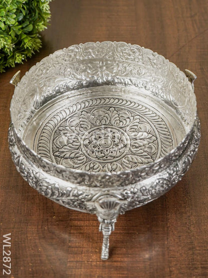 German Silver Antique Urli with Elephant Stand - 7.5 inch - WL2872