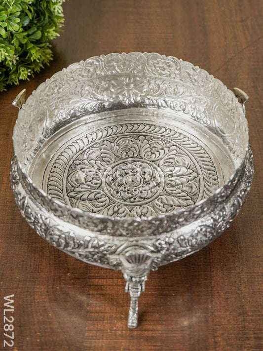 German Silver Antique Urli with Elephant Stand - 7.5 inch - WL2872