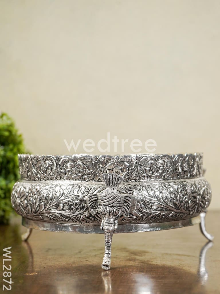 German Silver Antique Urli with Elephant Stand - 7.5 inch - WL2872