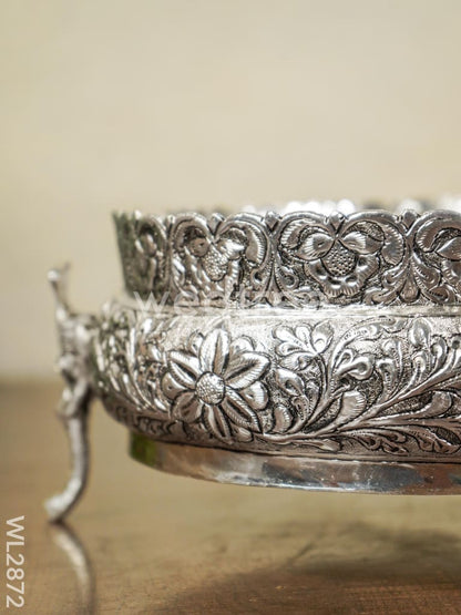 German Silver Antique Urli with Elephant Stand - 7.5 inch - WL2872