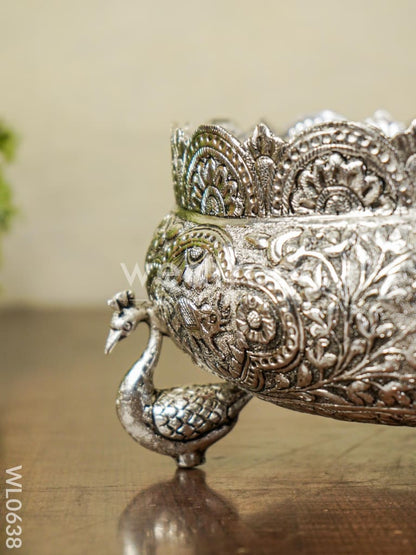 German Silver Antique Urli with Peacock Stand - 8 inch - WL0638