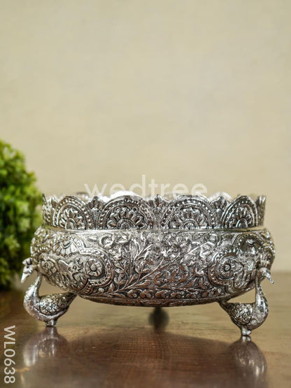 German Silver Antique Urli with Peacock Stand - 8 inch - WL0638
