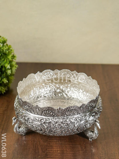 German Silver Antique Urli with Peacock Stand - 8 inch - WL0638