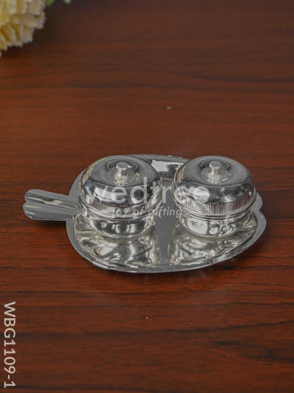 German Silver Apple Shaped Haldi/Kumkum Holder with 2 Cups - WBG1109-1