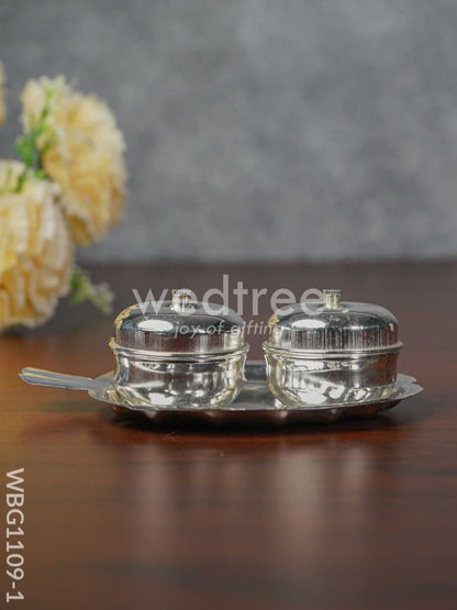 German Silver Apple Shaped Haldi/Kumkum Holder with 2 Cups - WBG1109-1