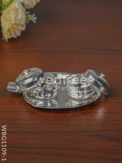 German Silver Apple Shaped Haldi/Kumkum Holder with 2 Cups - WBG1109-1