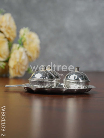 German Silver Apple Shaped Haldi/Kumkum Holder with 3 Cups - WBG1109-2