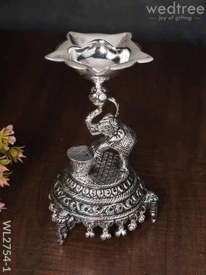 German Silver Decorative Elephant 5 Face Diya with Bells - WL2754-1