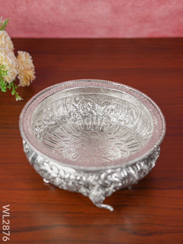 German Silver Ganesha Floral Urli with Stand - 10 inch - WL2876