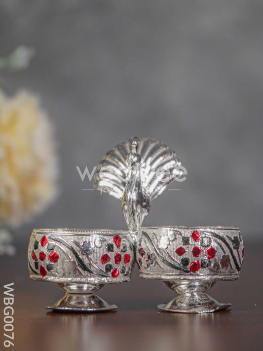 German Silver 2-Cup Kumkum Holder with Meenakari Prints - WBG0076