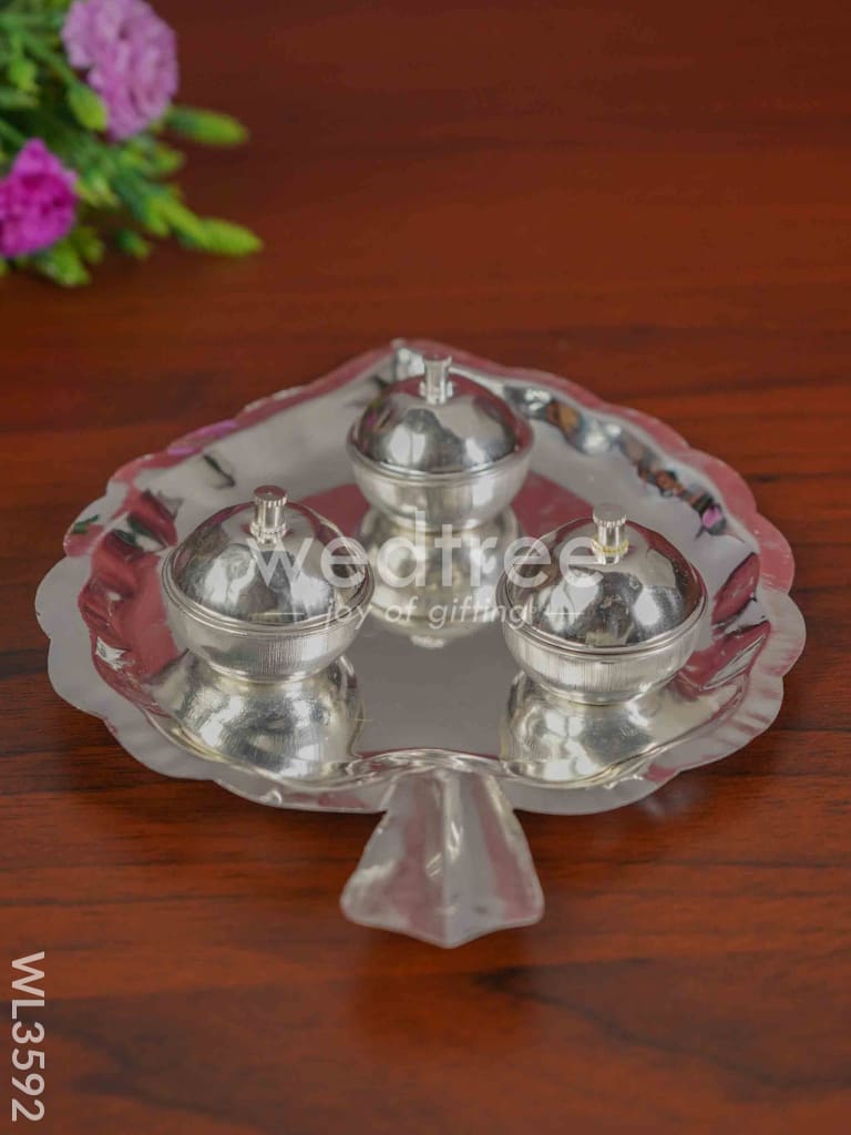 German Silver Leaf Shaped Haldi/Kumkum Holder with 3 Cups - WL3592