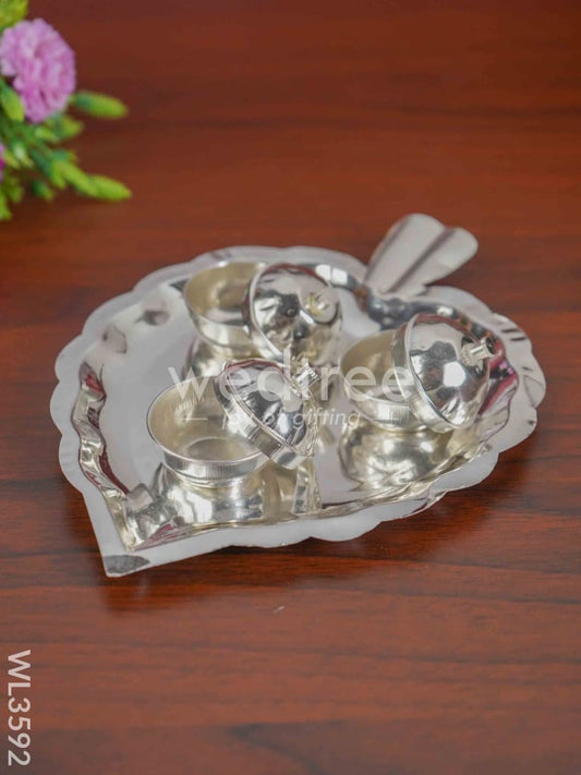 German Silver Leaf Shaped Haldi/Kumkum Holder with 3 Cups - WL3592