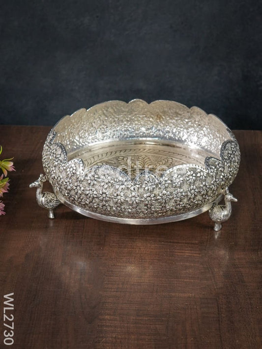 German Silver Peacock Stand Urli - 8 inch - WL2730