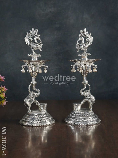 German Silver Peacock with Elephant 5 Face Diya - Set of 2 - WL3076