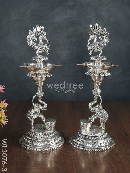 German Silver Peacock with Elephant 5 Face Diya - Set of 2 - WL3076