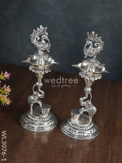 German Silver Peacock with Elephant 5 Face Diya - Set of 2 - WL3076