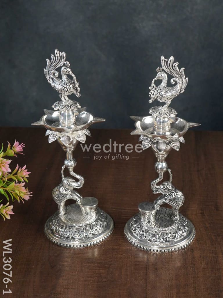 German Silver Peacock with Elephant 5 Face Diya - Set of 2 - WL3076