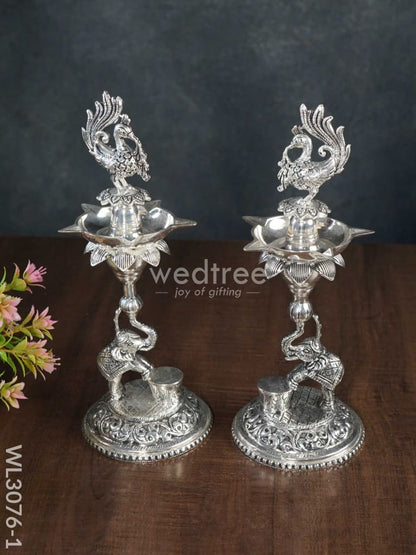 German Silver Peacock with Elephant 5 Face Diya - Set of 2 - WL3076
