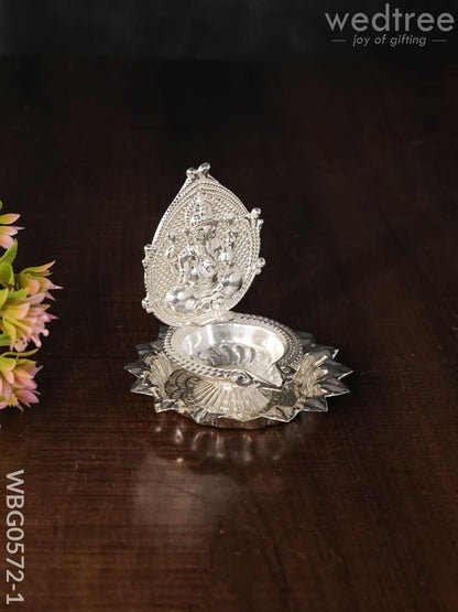 German Silver Sunflower Base Ganesha Diya - WBG0572