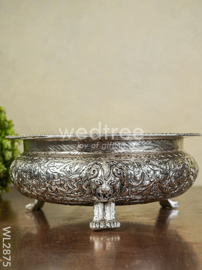 German Silver Urli with Lion Stand -Antique Finish - 10 inch - WL2875