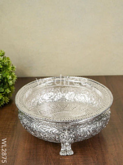 German Silver Urli with Lion Stand -Antique Finish - 10 inch - WL2875