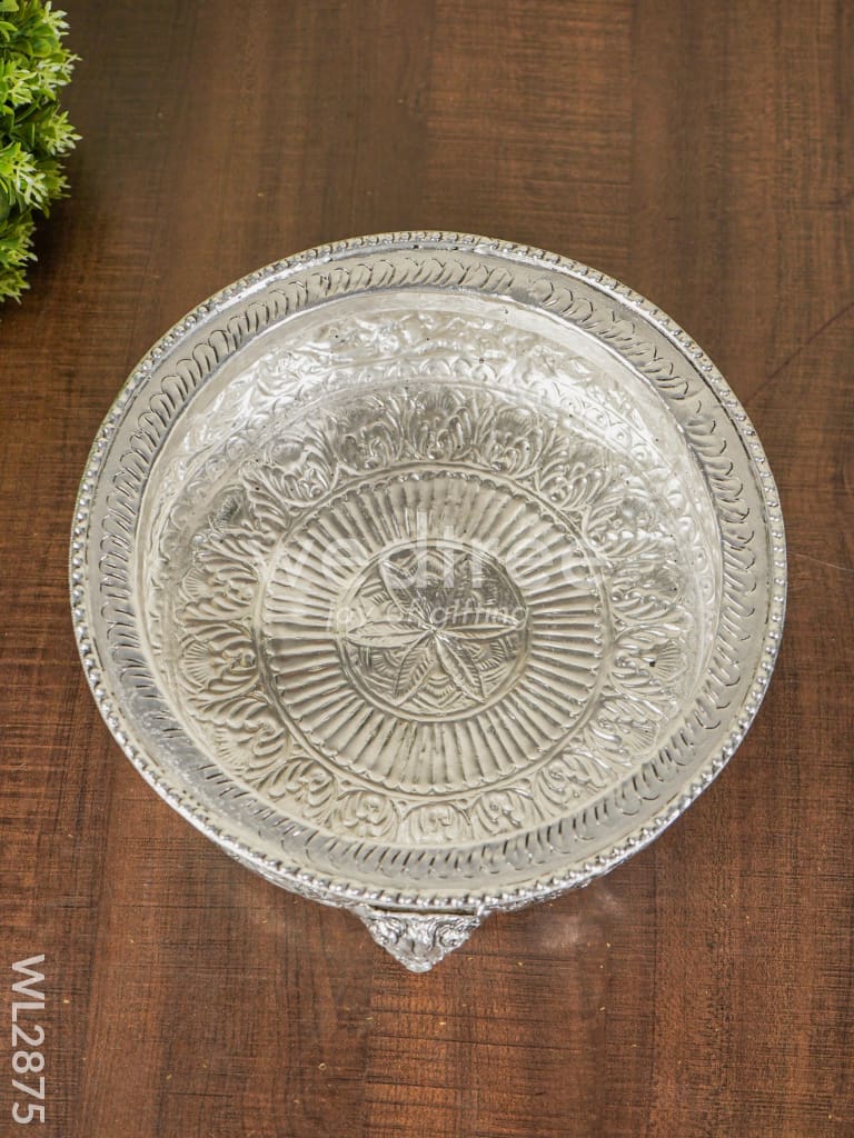 German Silver Urli with Lion Stand -Antique Finish - 10 inch - WL2875