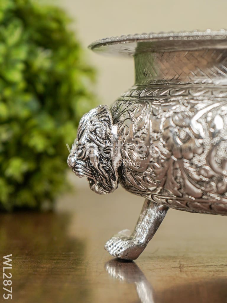 German Silver Urli with Lion Stand -Antique Finish - 10 inch - WL2875