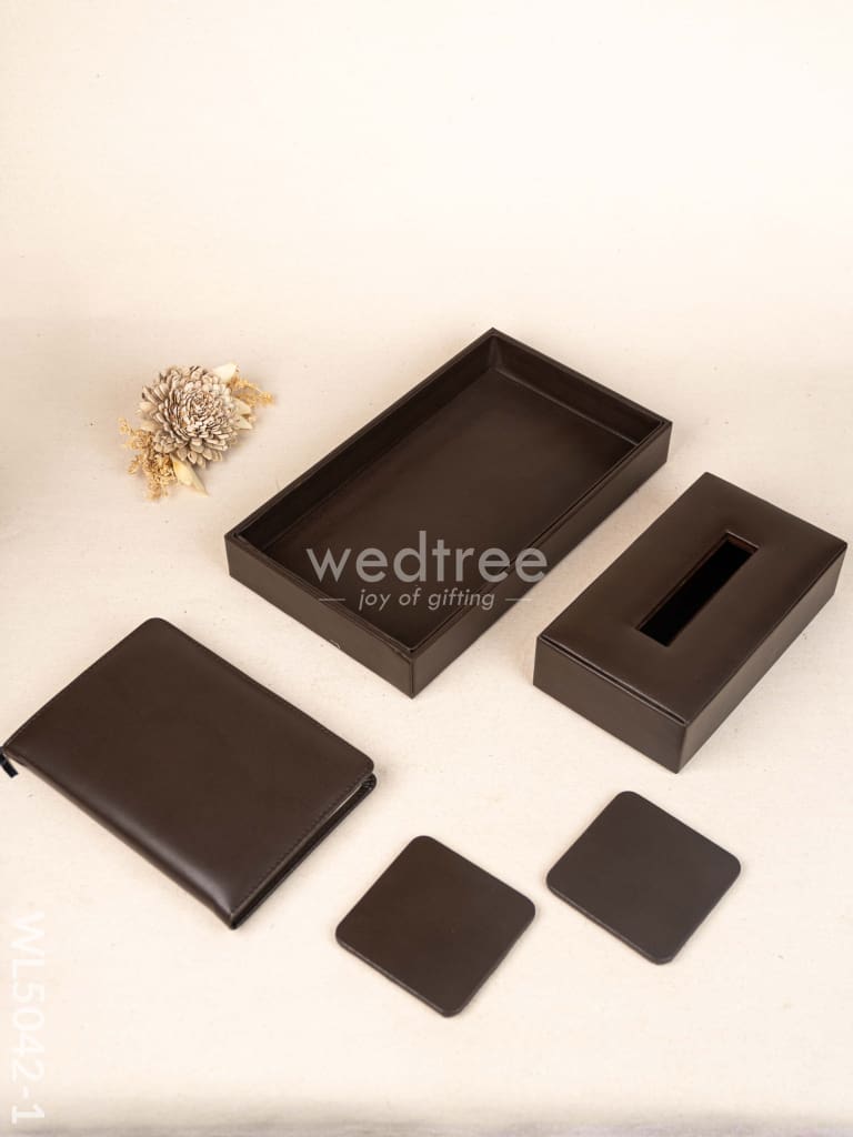 Gift Set - Leather Tray with Diary, Coaster Set & Tissue Box - Brown - WL5042-1