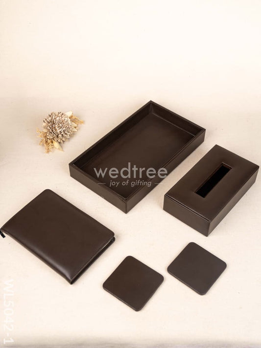 Gift Set - Leather Tray with Diary, Coaster Set & Tissue Box - Brown - WL5042-1