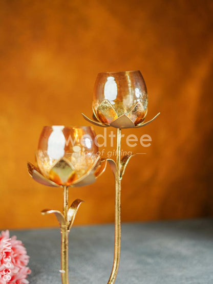 Gold Foil Stand with 2 Cracked Glass Candle Holder - WL3938