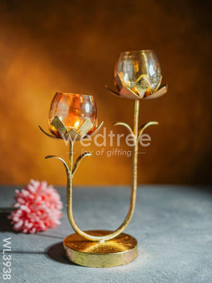 Gold Foil Stand with 2 Cracked Glass Candle Holder - WL3938