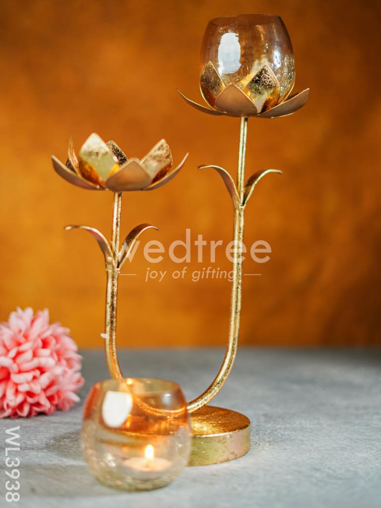Gold Foil Stand with 2 Cracked Glass Candle Holder - WL3938