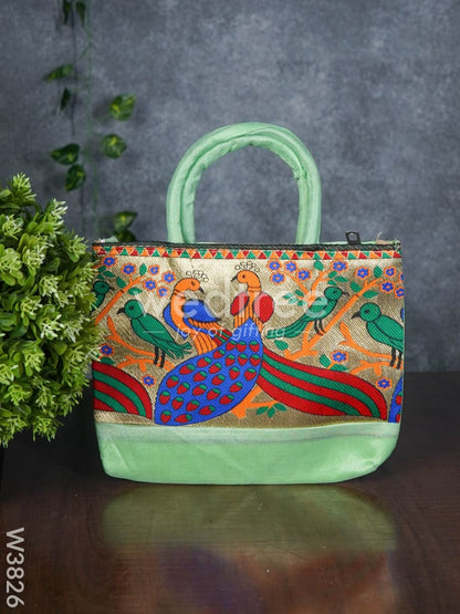 Hand bag raw silk with Peacock design - W3826