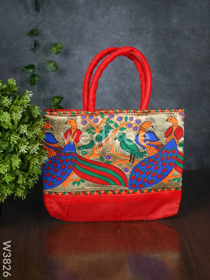 Hand bag raw silk with Peacock design - W3826