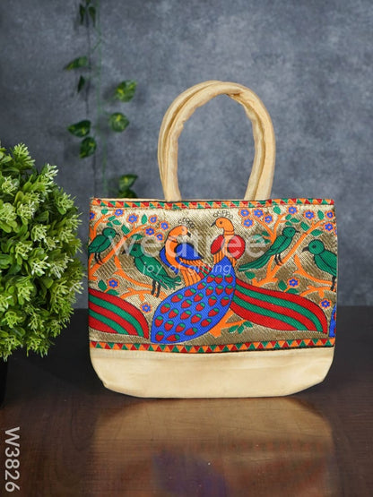 Hand bag raw silk with Peacock design - W3826