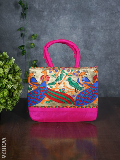 Hand bag raw silk with Peacock design - W3826