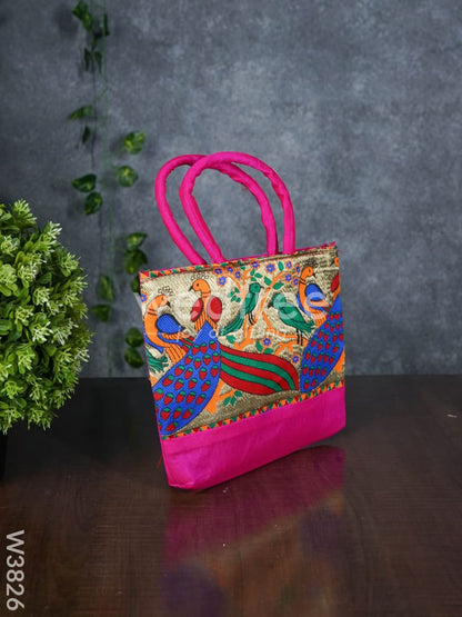 Hand bag raw silk with Peacock design - W3826
