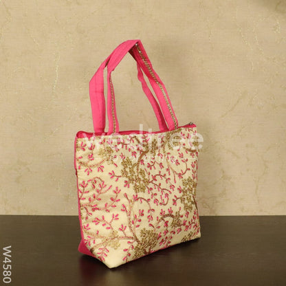 Hand bag with leaf and floral embroidery design - W4580