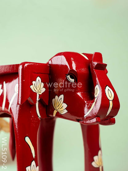 Hand Painted Floral Design Elephant Stool - 12 inch - Red - WL5109-2
