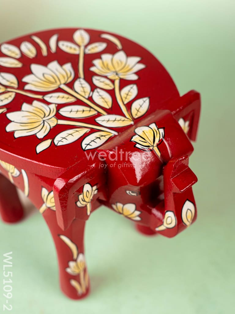 Hand Painted Floral Design Elephant Stool - 12 inch - Red - WL5109-2