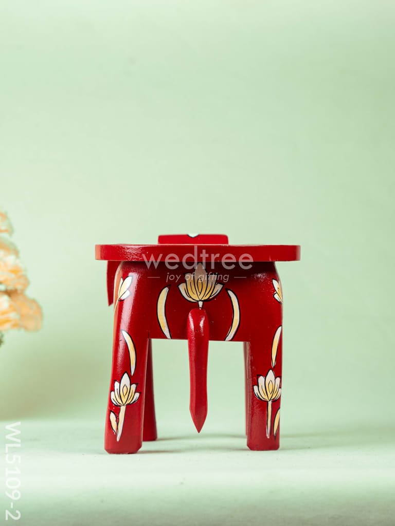 Hand Painted Floral Design Elephant Stool - 12 inch - Red - WL5109-2