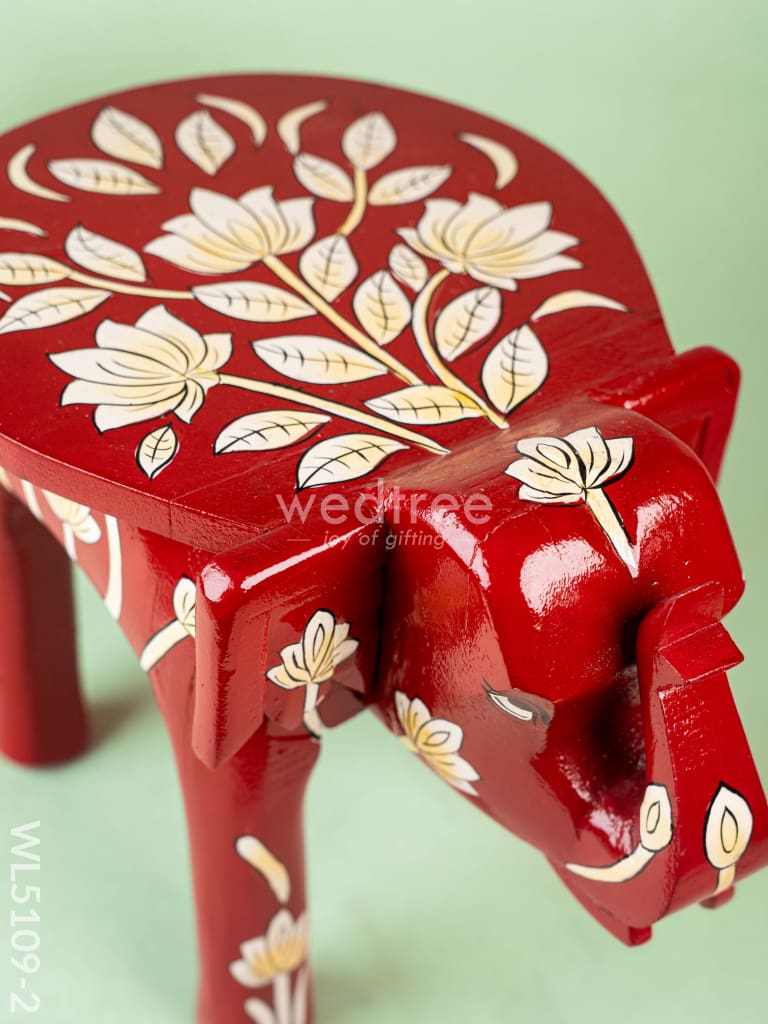 Hand Painted Floral Design Elephant Stool - 12 inch - Red - WL5109-2