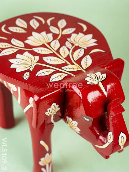 Hand Painted Floral Design Elephant Stool - 12 inch - Red - WL5109-2