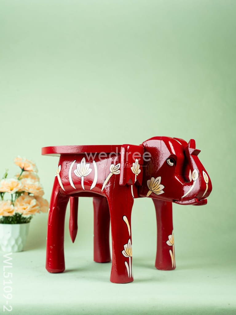 Hand Painted Floral Design Elephant Stool - 12 inch - Red - WL5109-2