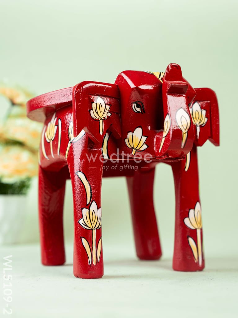 Hand Painted Floral Design Elephant Stool - 12 inch - Red - WL5109-2