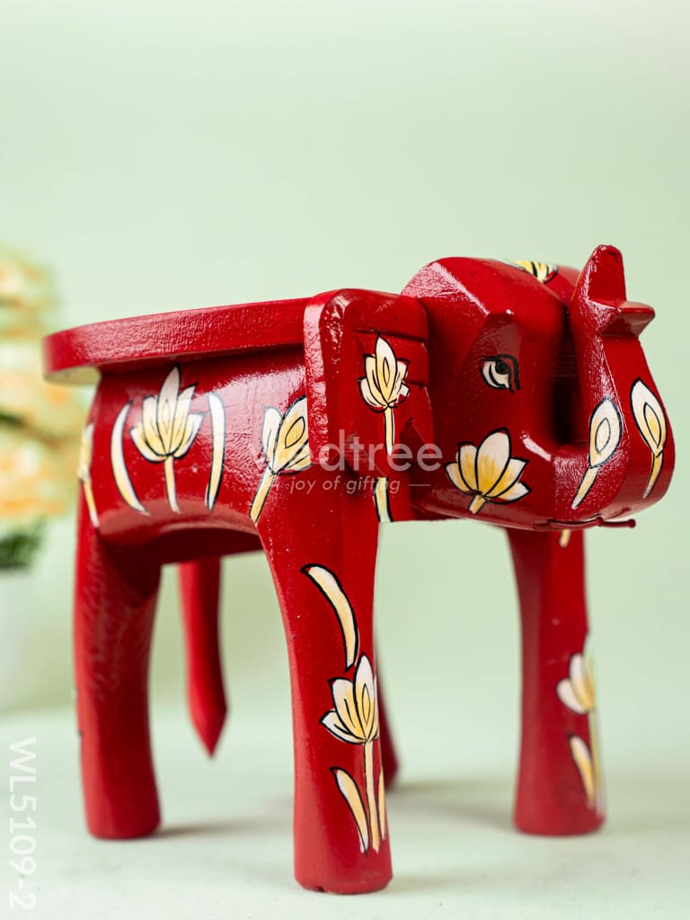 Hand Painted Floral Design Elephant Stool - 12 inch - Red - WL5109-2