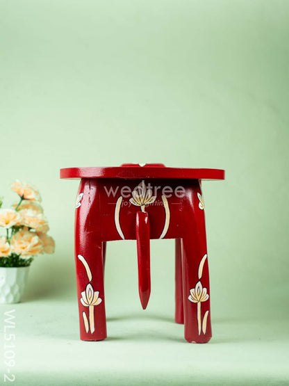 Hand Painted Floral Design Elephant Stool - 12 inch - Red - WL5109-2