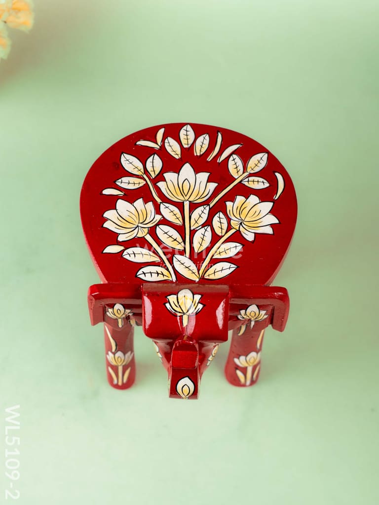 Hand Painted Floral Design Elephant Stool - 12 inch - Red - WL5109-2