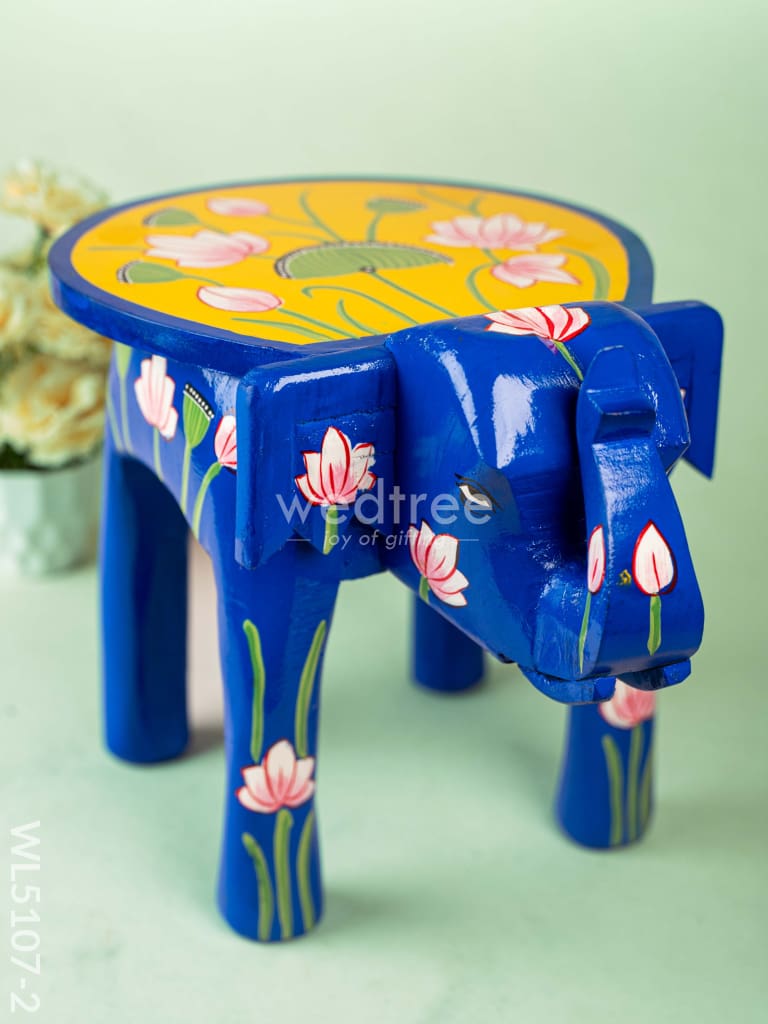 Hand Painted Pichwai Elephant Stool - 12 inch - Blue - WL5107-2