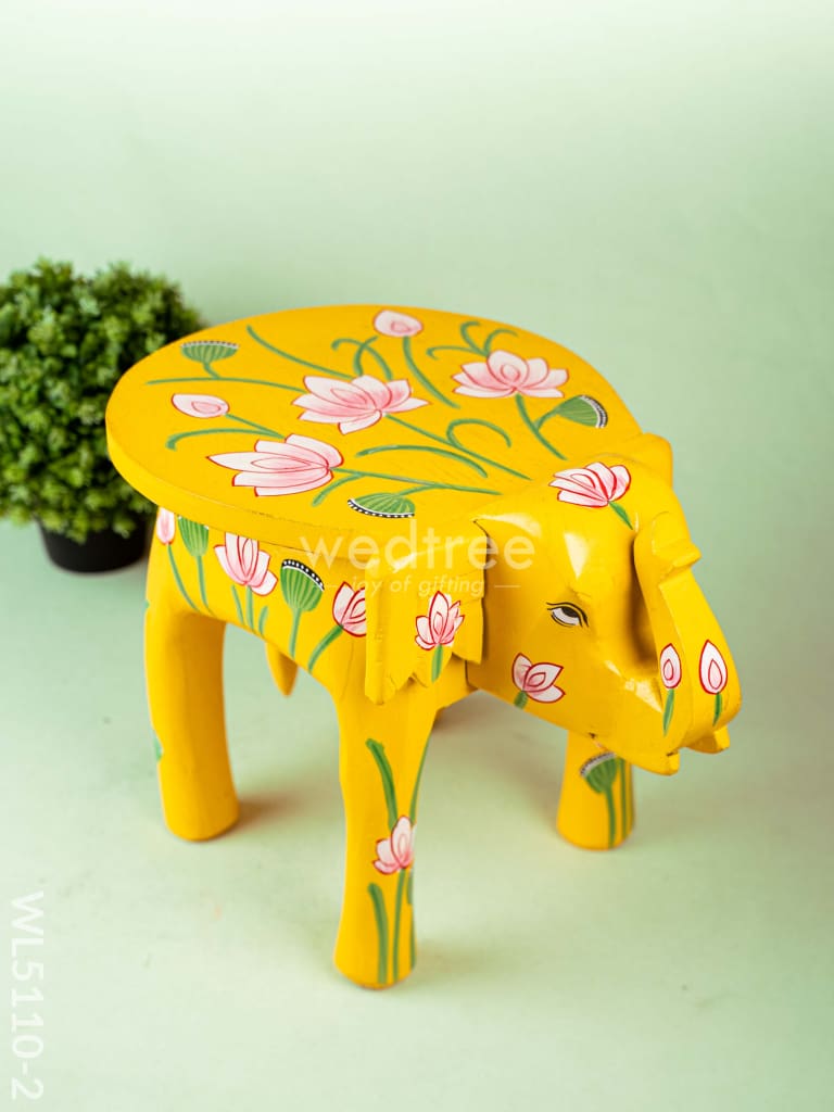 Hand Painted Pichwai Elephant Stool - 12 inch - Yellow - WL5110-2